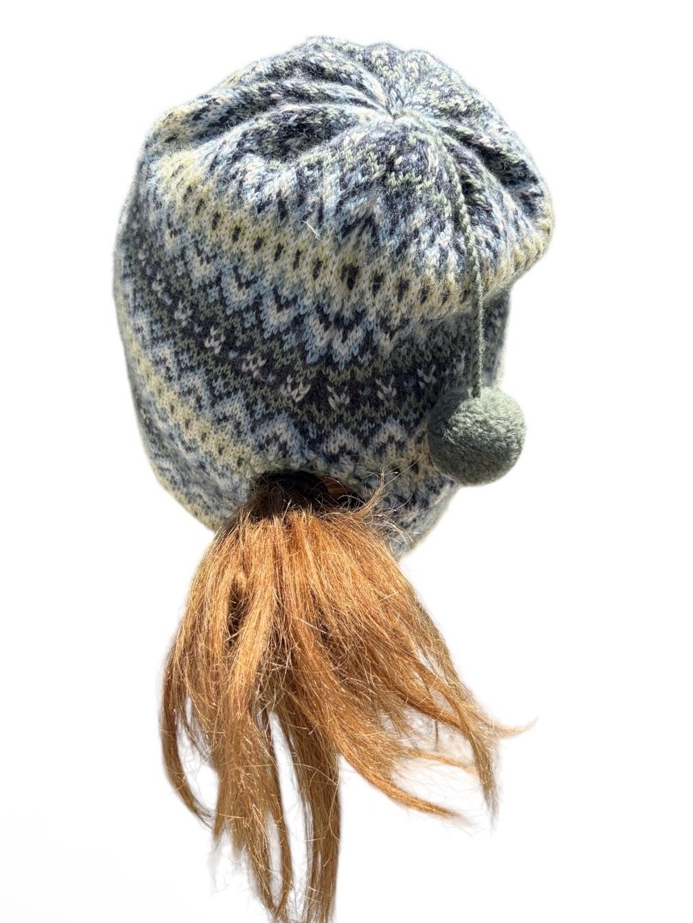 Merkley Canadian blue & yellow fair isle wool ponytail holder beanie hat